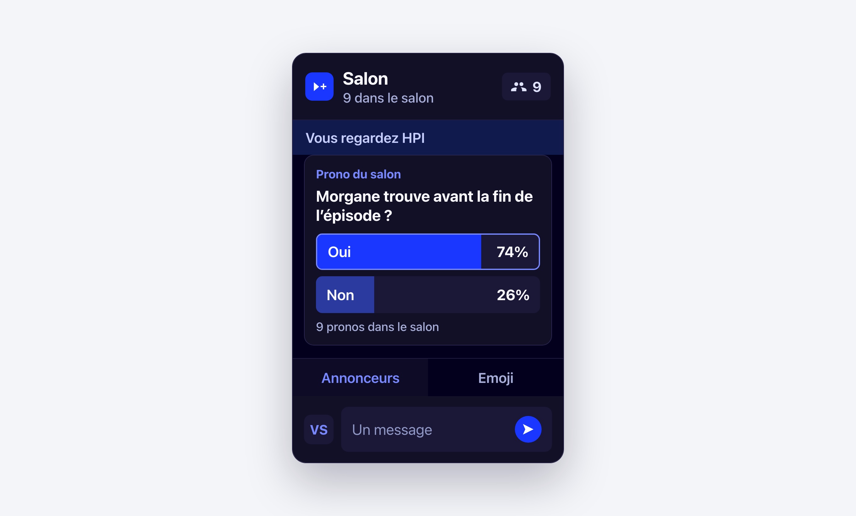 Un salon Viewer+ ouvert pendant HPI, avec le prono de la soirée
