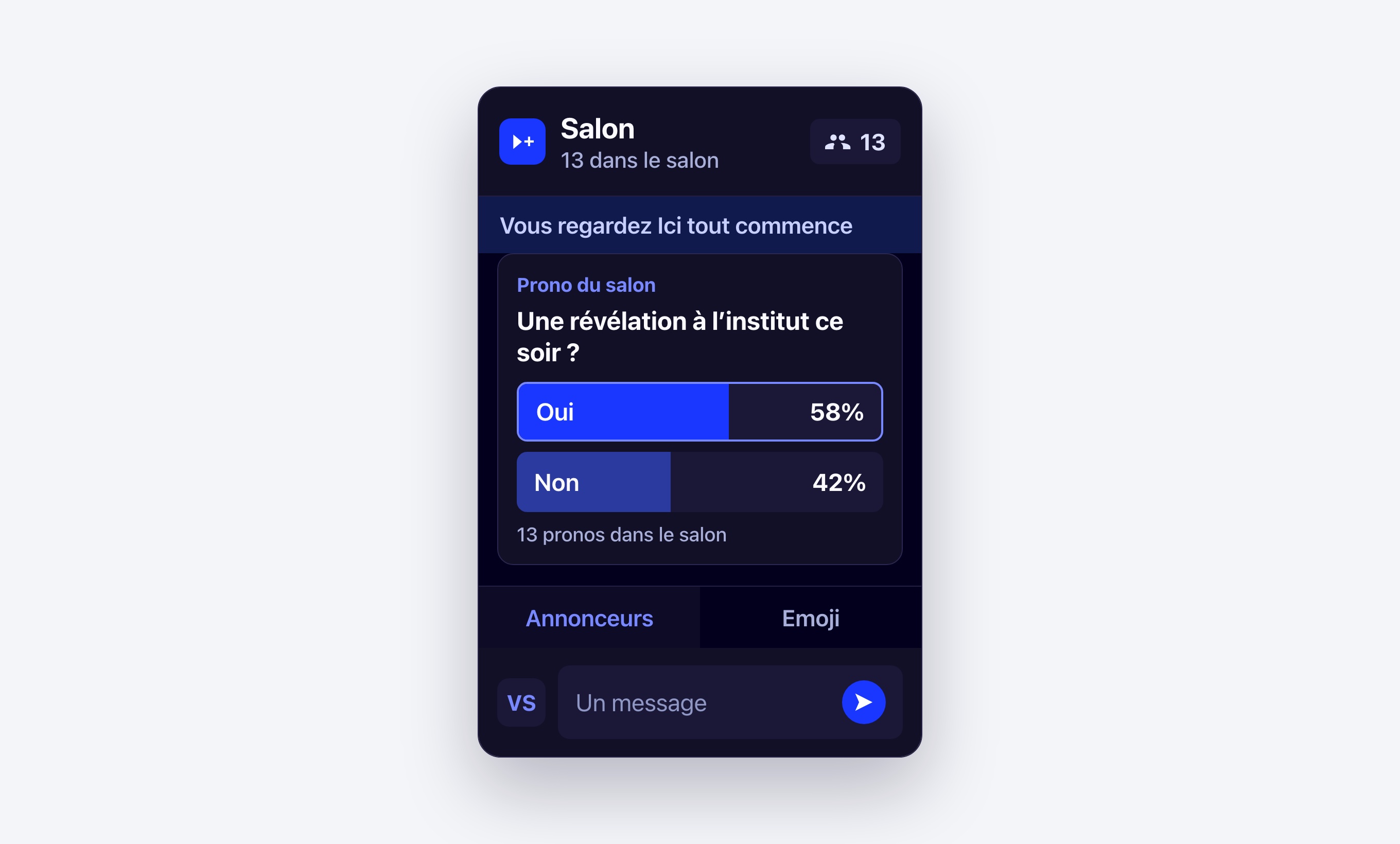 Un salon Viewer+ ouvert pendant Ici tout commence, avec le prono de la soirée