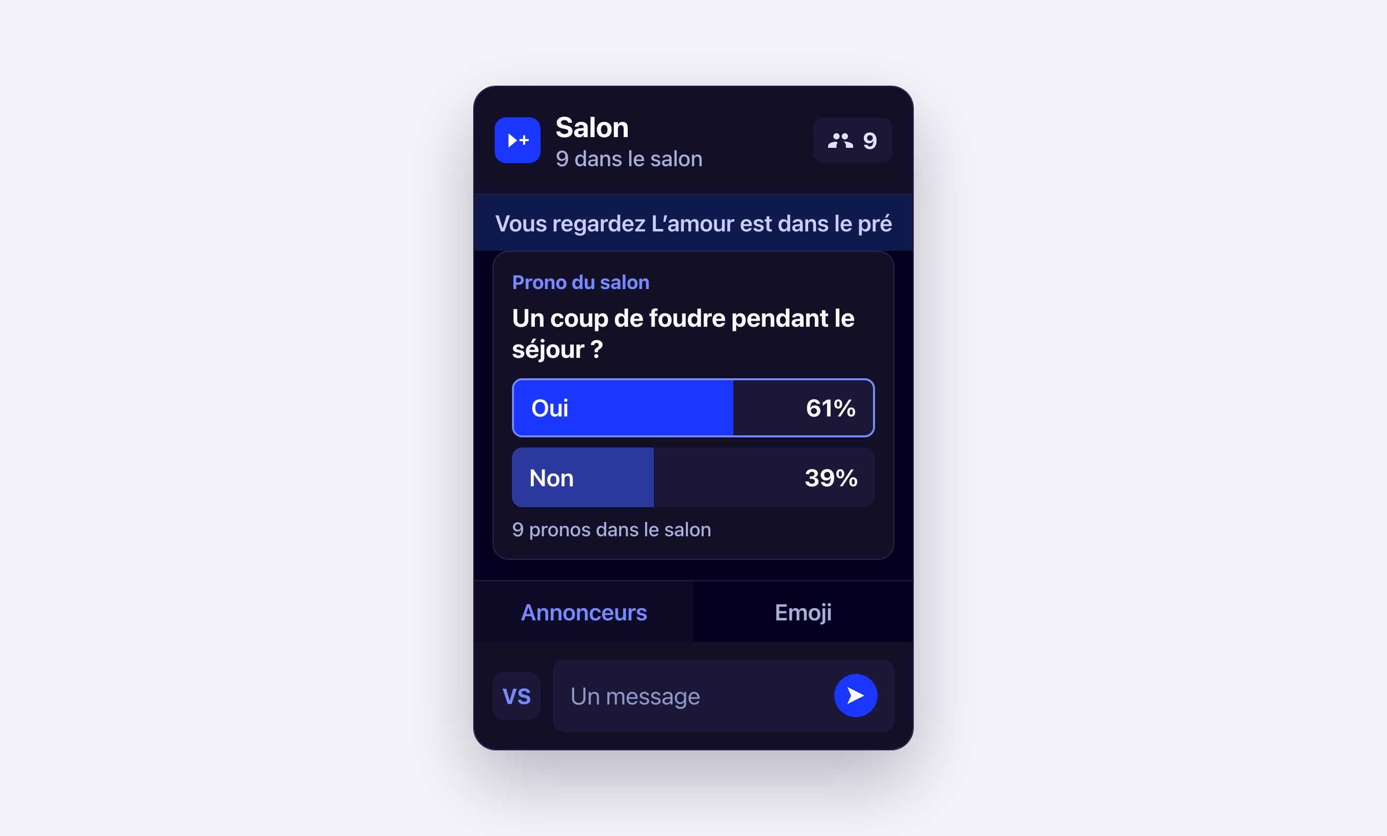 Un salon Viewer+ ouvert pendant L’amour est dans le pré, avec le prono de la soirée