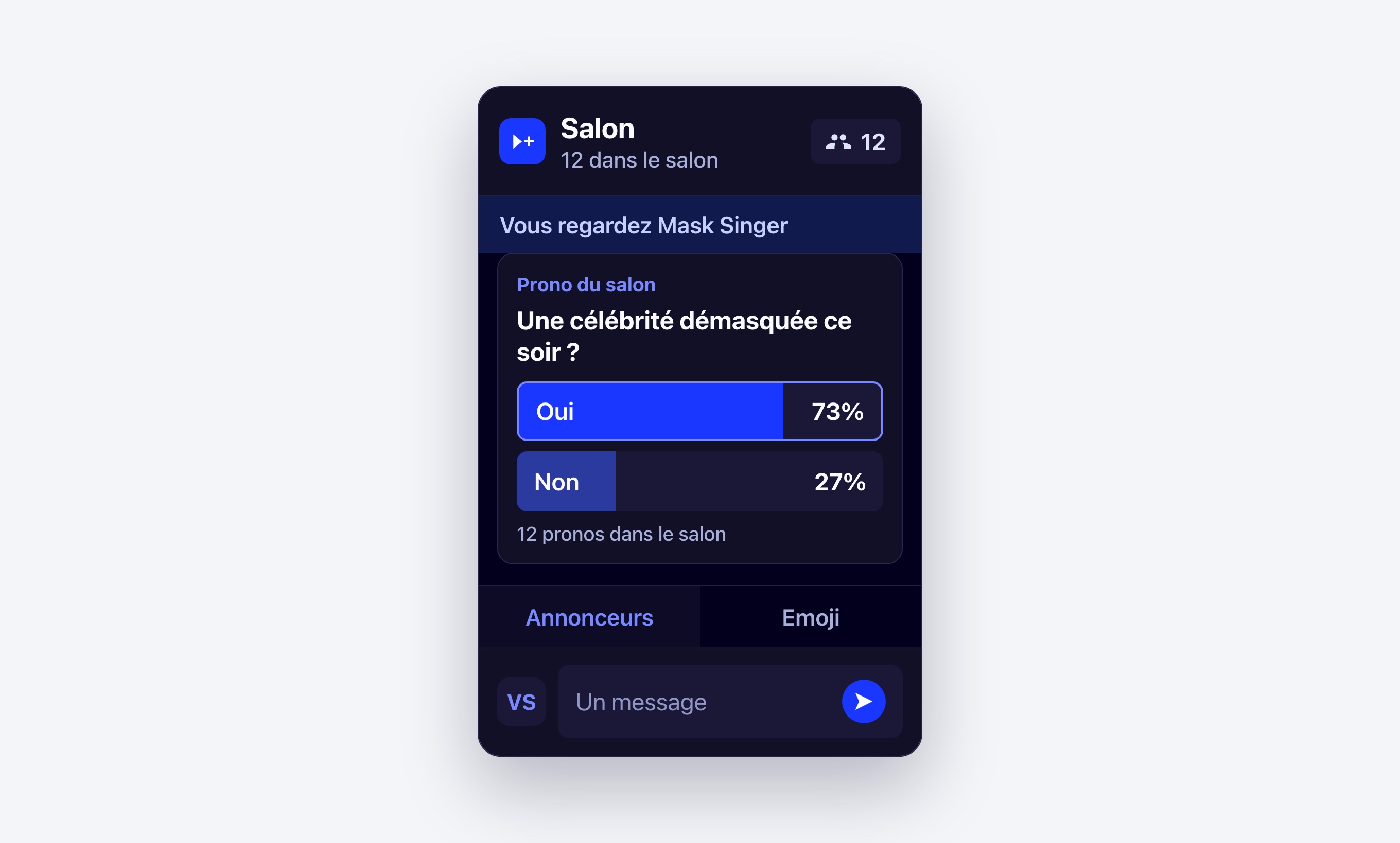 Un salon Viewer+ ouvert pendant Mask Singer, avec le prono de la soirée
