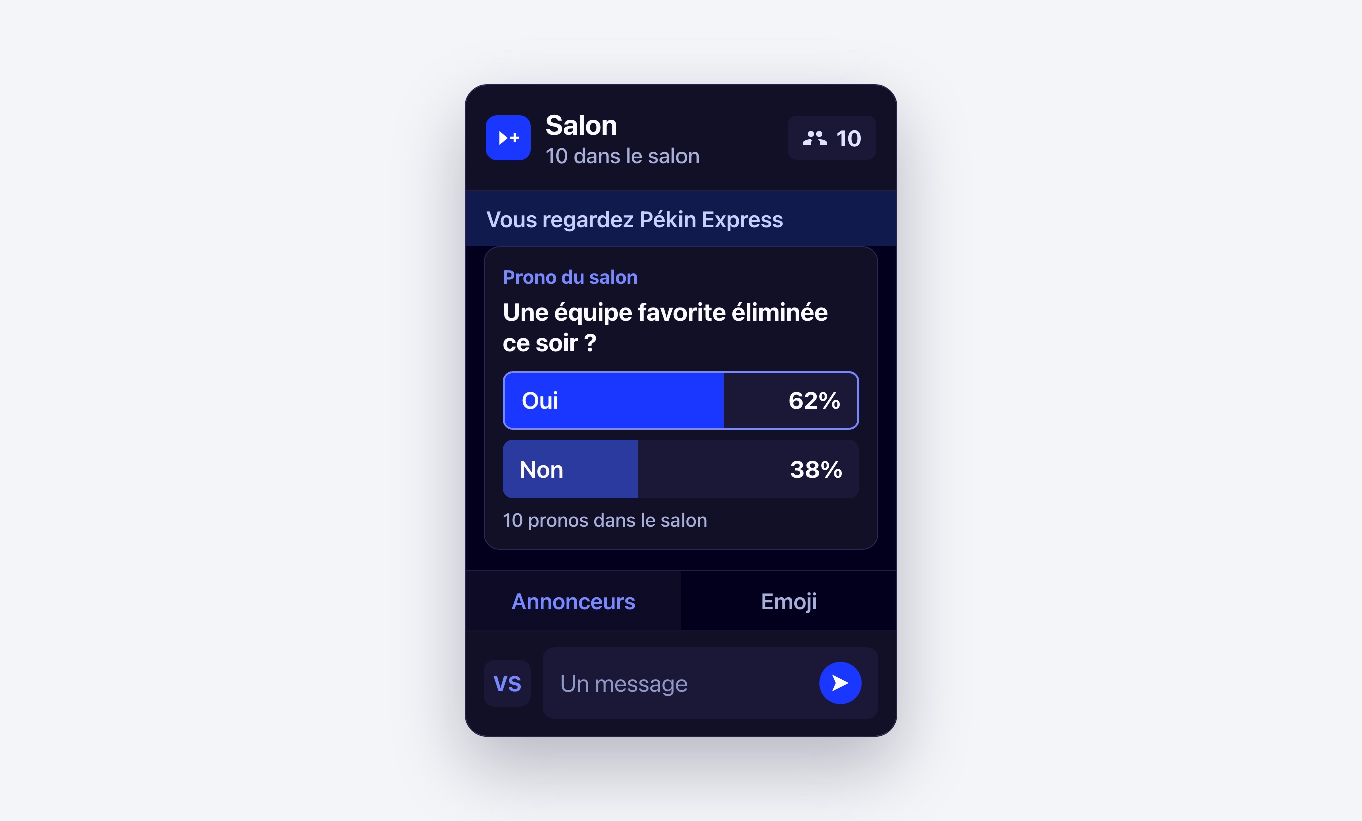 Un salon Viewer+ ouvert pendant Pékin Express, avec le prono de la soirée