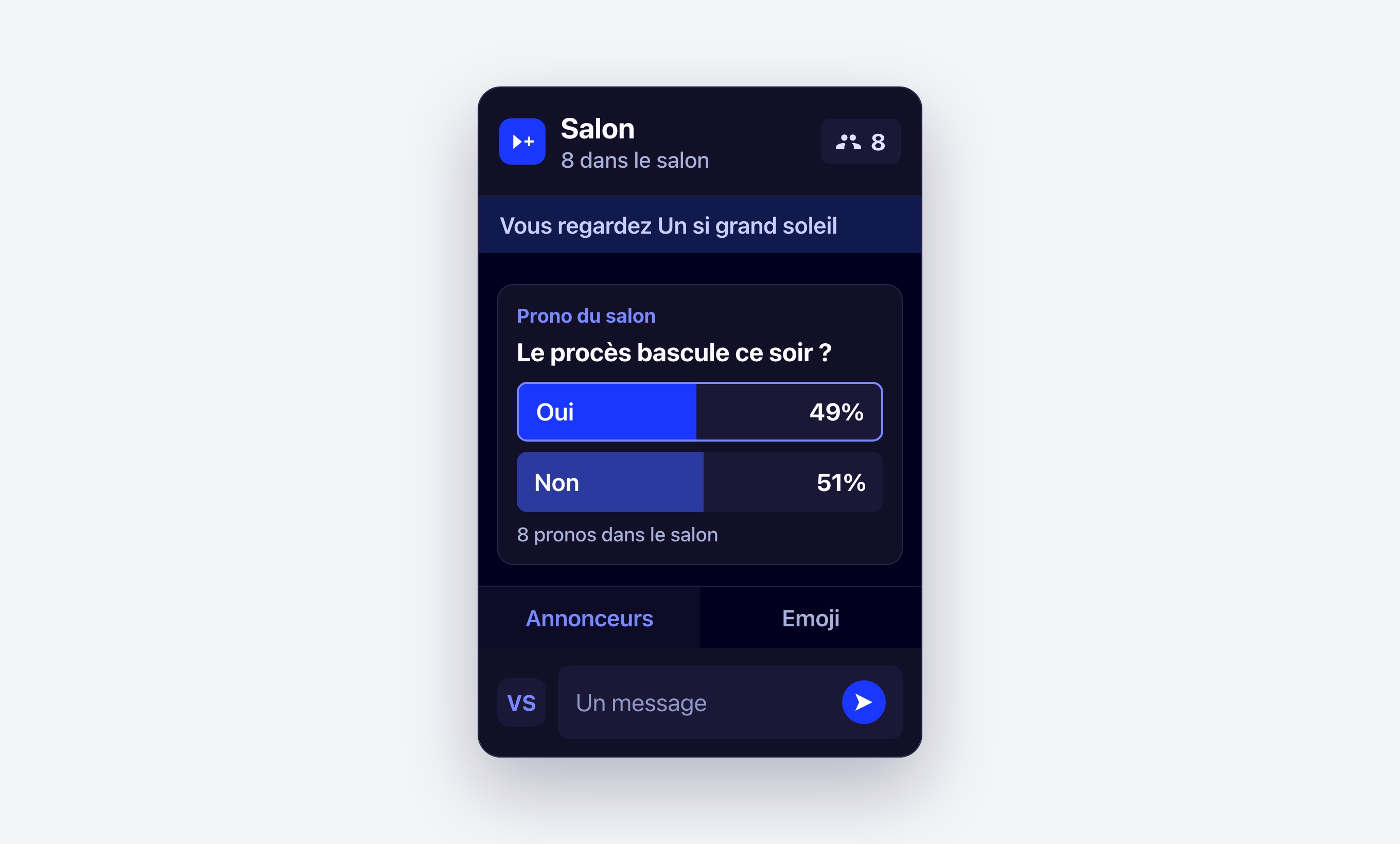 Un salon Viewer+ ouvert pendant Un si grand soleil, avec le prono de la soirée